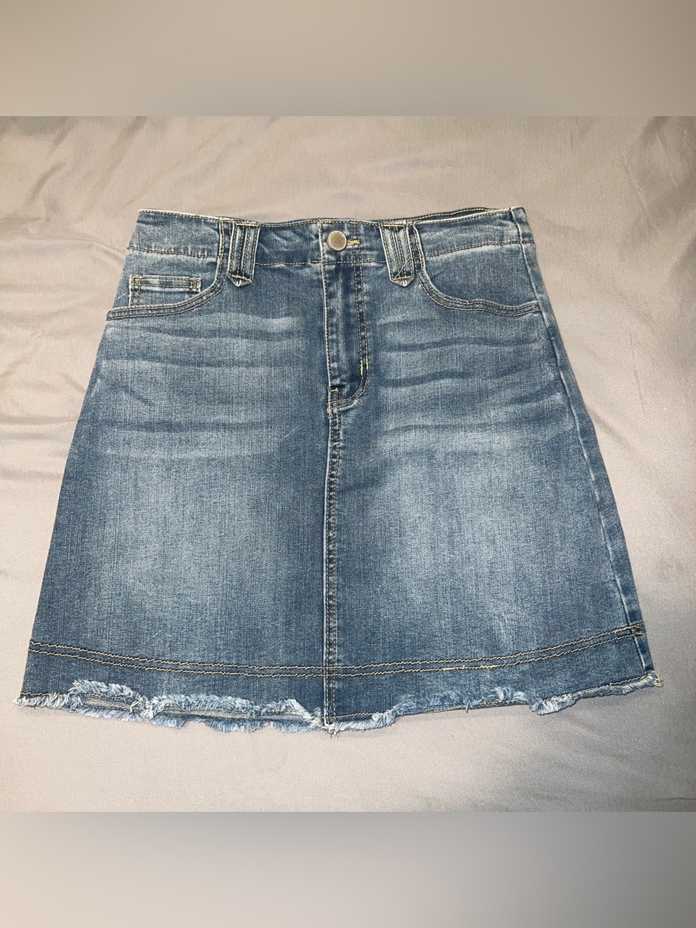 Copper Key Blue Denim Mini Skirt with Frayed Hem